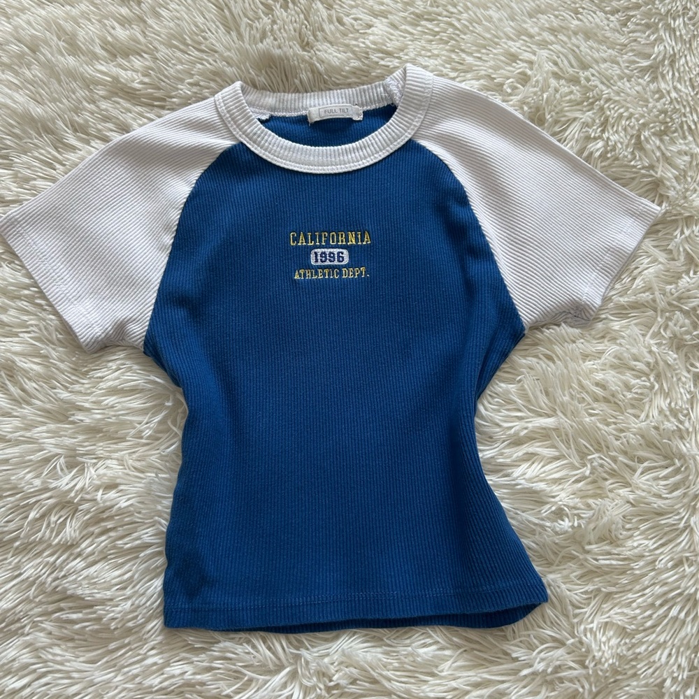 Blue and White “California” Cropped Graphic Baby Tee